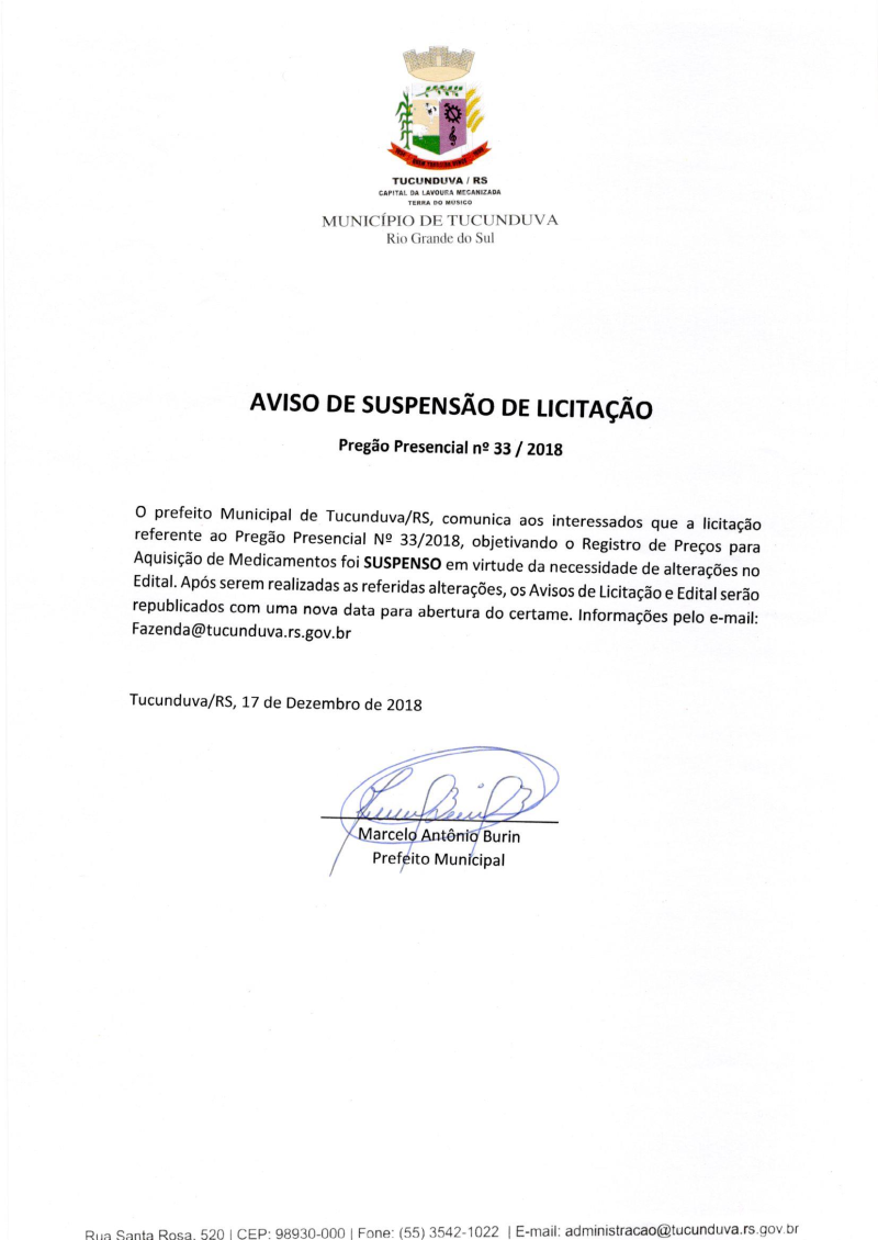 AVISO DE SUSPENSÃO DE LICITAÇÃO PREGÃO PRESENCIAL Nº 33/2018 - SRP - MEDICAMENTOS